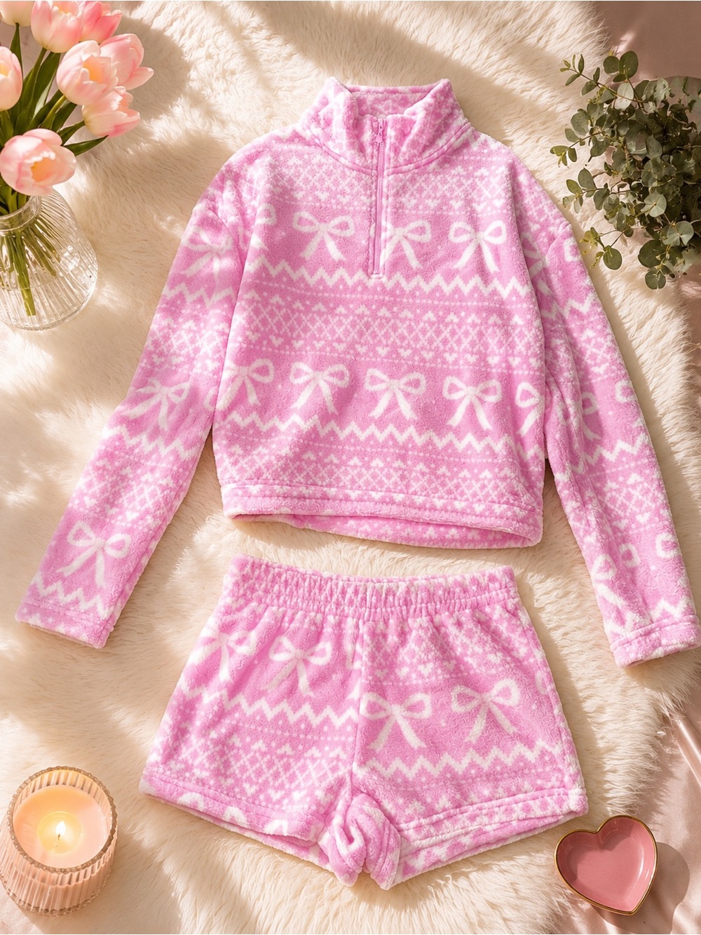 No Boundaries Pink Bow-Print Plush Pajama Set with Half-Zip Top